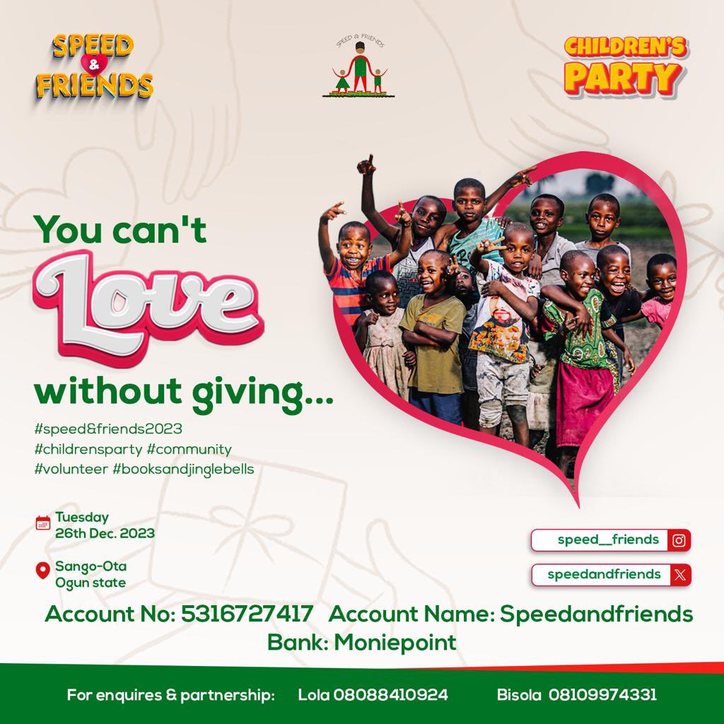 iamkennifizzle's tweet photo. Join and support @speedandfriends this Xmas season to feed and donate voluntarily to put smiles on the faces of 400kids this Xmas.
Your little support to this project goes a long way.
We are the world, we are the future
Spread love across Africa
#speedandfriends https://t.co/Ow19D7BVKa