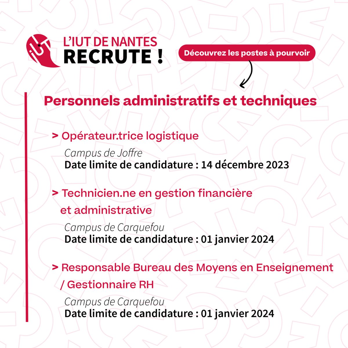 #offresdemploi - 📌 Rejoignez les équipes de l'IUT de Nantes ! Opérateur-rice logistique, Technicien-ne en gestion administrative et financière, Gestionnaire RH... Retrouvez nos dernières offres juste ici 👉 iutnantes.univ-nantes.fr/presentation/n…
#administratif #finance #RH #logistique #OsezIUT