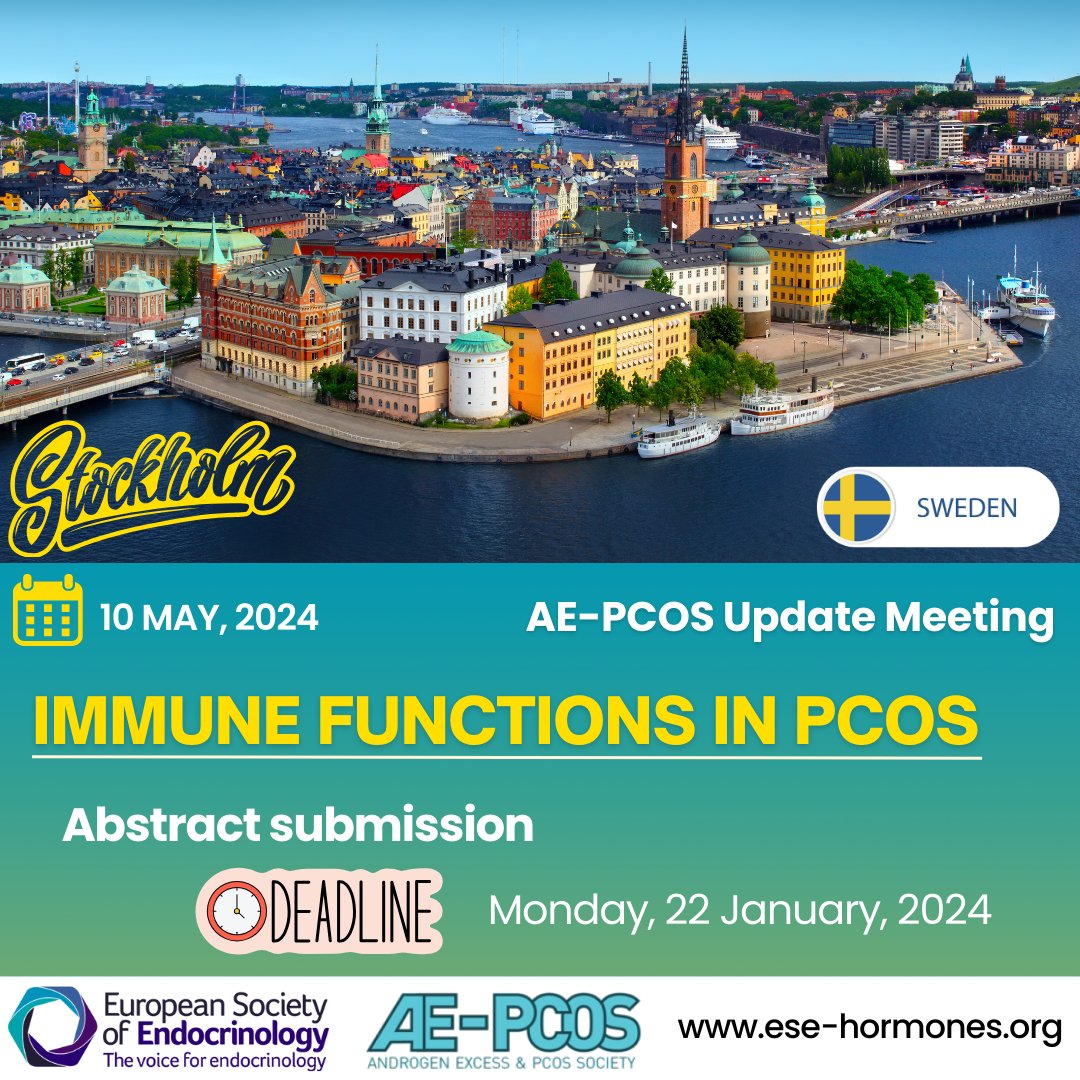 The #AEPCOS Update Meeting 2024 will be held in Stockholm 🇸🇪 in conjunction with #ECE2024 🤩

👉 Immune Functions in #PCOS 🗓️ May 10th, 2024

📄 Submit your abstract on the <a href="/ESEndocrinology/">European Society of Endocrinology (ESE)</a> website: ese-hormones.org/education-and-…

⌛️ Abstract submission deadline 🚨 Mon, 22 January, 2024