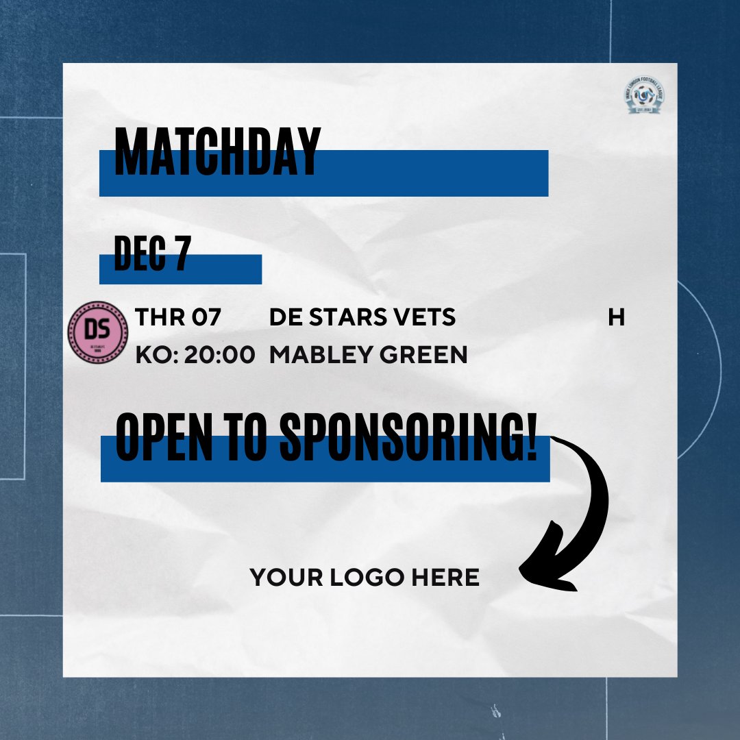 MATCHDAY 🔵

#matchday11 #FNFDSV
Wapping FNF Vets 🔵
🤝 De Stars Vets (H)
🏟 Mabley Green
📆 07/12 - KO: 20:00pm
📊 ILFL TVL19 - Divison 4

#WFC #WAPPINGFAMILY #UPTHEBLUES