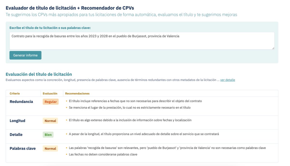 Primeras pruebas del Evaluador de títulos de licitación + recomendador de CPVs. Le pasas un título de licitación y lo revisa para proponer mejoras y proponer  cuales son los CPVs más apropiados a utilizar. 

Si quieres ayudarnos a probarlo, danos un toque.