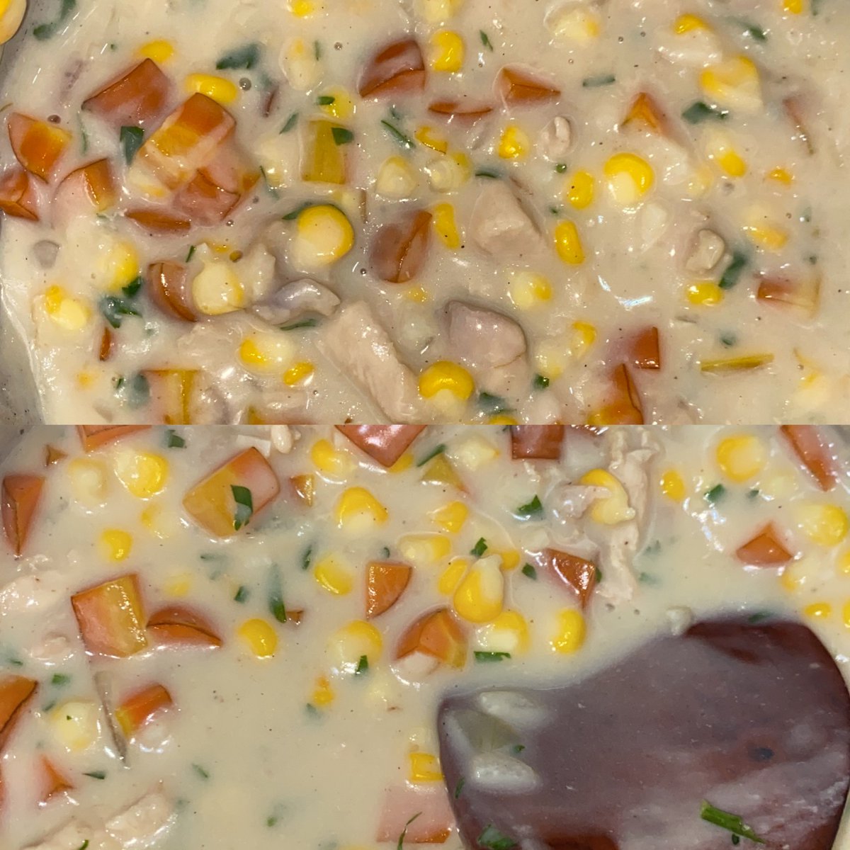 wnisekai's tweet photo. ☆ミ recook cream soup ala kaepci

memasuki musim penghujan butuh asupan yg anget-anget 😋 cream soup ala kaepci, bikinnya gampang, creamy, ngenyangin juga! 😆🤏

🐣 ayam fillet bagian dada
🧅 1/2 bh bawang bombai
🧄 3 siung bawang putih
🌽 jagung pipil 1 bonggol
🥕 2 bh wortel potong kotak-kotak
🫙 seasoning (1 sdt saus tiram, 1/2 sdt garam, 1/2 sdt lada, 1 sdt garam, sejumput penyedap rasa aku pake Masako)
🐄 susu full cream 250ml + 2sdm tepung terigu
🥬 irisan daun seledri

1. tumis bawang putih & bawang bombai sampai wangi di minyak panas, dikit aja minyak nya. terus lanjut masukin ayam fillet, masak sampai ayam matang
2. kalau ayam udah matang, masukkan air sebanyak 100ml dan lanjut masukkan wortel & jagung pipil. masak 7 menit sampai wortel & jagung empuk, sambil masukkan seasoning (lada, gula, garam, penyedap, & saus tiram) jangan lupa cek rasa.
3. sambil menunggu adonan mendidih, siapkan susu full cream 250ml & tambakan 2 sdm tepung terigu. aduk sampai nggak ada gumpalan tepung. kalau soal rasa udah pas dan enak, masukkan adonan susu ke panci. aduk-aduk sampai merata.
4. diamkan selama 5-7 menit sampai mendidih dan kuah mengental. sambil aduk-aduk. di sini aku tambahkan sedikit lada & masako lagi
5. TERAKHIR! WAJIB MASUKKAN IRISAN DAUN SELEDRI SUPAYA LEBIH WANGI. aduk sebentar, matikan kompor