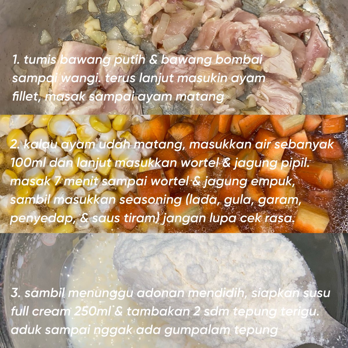 wnisekai's tweet photo. ☆ミ recook cream soup ala kaepci

memasuki musim penghujan butuh asupan yg anget-anget 😋 cream soup ala kaepci, bikinnya gampang, creamy, ngenyangin juga! 😆🤏

🐣 ayam fillet bagian dada
🧅 1/2 bh bawang bombai
🧄 3 siung bawang putih
🌽 jagung pipil 1 bonggol
🥕 2 bh wortel potong kotak-kotak
🫙 seasoning (1 sdt saus tiram, 1/2 sdt garam, 1/2 sdt lada, 1 sdt garam, sejumput penyedap rasa aku pake Masako)
🐄 susu full cream 250ml + 2sdm tepung terigu
🥬 irisan daun seledri

1. tumis bawang putih & bawang bombai sampai wangi di minyak panas, dikit aja minyak nya. terus lanjut masukin ayam fillet, masak sampai ayam matang
2. kalau ayam udah matang, masukkan air sebanyak 100ml dan lanjut masukkan wortel & jagung pipil. masak 7 menit sampai wortel & jagung empuk, sambil masukkan seasoning (lada, gula, garam, penyedap, & saus tiram) jangan lupa cek rasa.
3. sambil menunggu adonan mendidih, siapkan susu full cream 250ml & tambakan 2 sdm tepung terigu. aduk sampai nggak ada gumpalan tepung. kalau soal rasa udah pas dan enak, masukkan adonan susu ke panci. aduk-aduk sampai merata.
4. diamkan selama 5-7 menit sampai mendidih dan kuah mengental. sambil aduk-aduk. di sini aku tambahkan sedikit lada & masako lagi
5. TERAKHIR! WAJIB MASUKKAN IRISAN DAUN SELEDRI SUPAYA LEBIH WANGI. aduk sebentar, matikan kompor