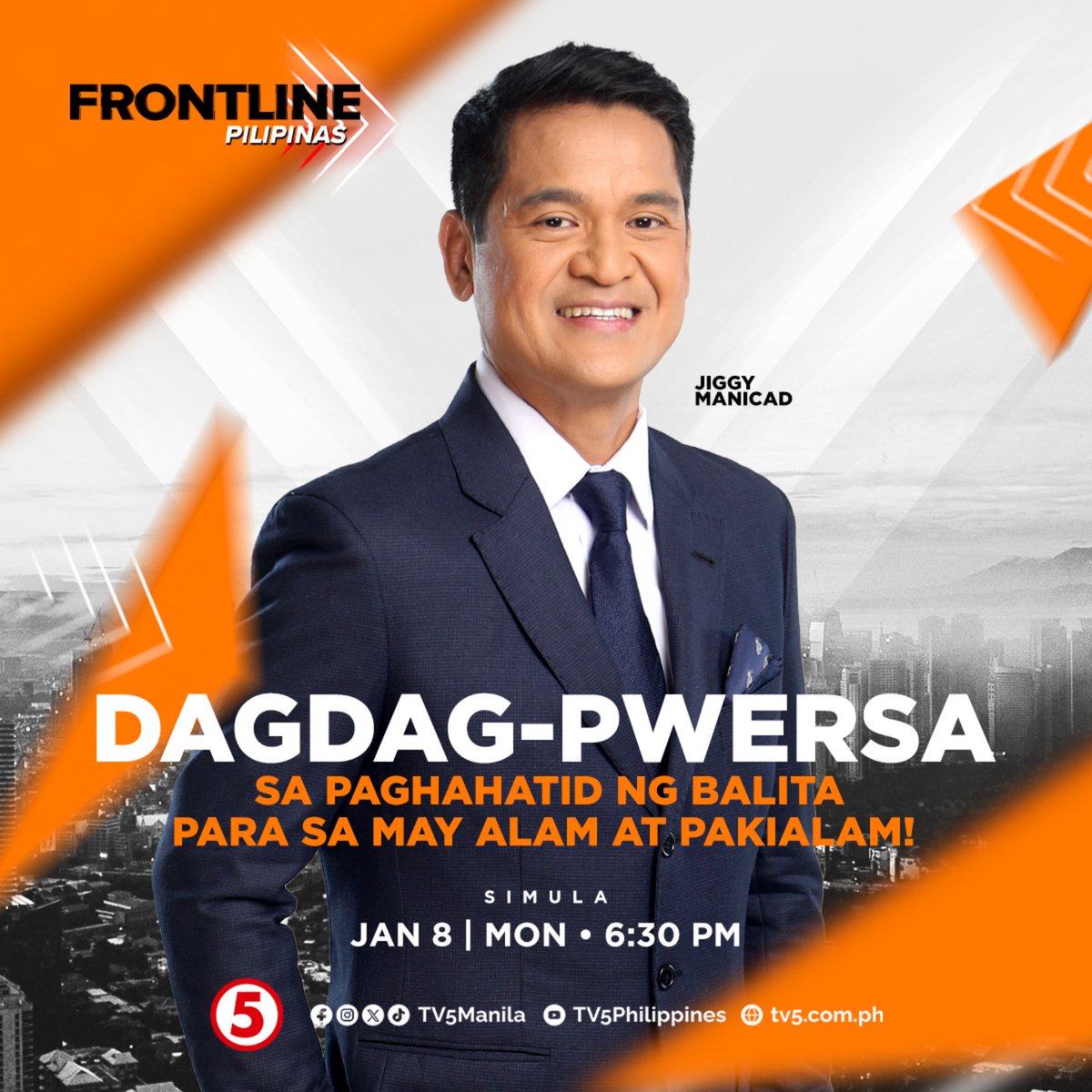 Mas pinalakas pang pwersa ng balitaan at paghahatid ng impormasyon ang naghihintay sa atin sa darating na 2024! 

Abangan ang bago nating kasangga sa pagbabalita na si Jiggy Manicad simula January 8 sa #FrontlinePilipinas!

#DagdagPwersaSiJiggy #HaharapNaMuliSiJiggy