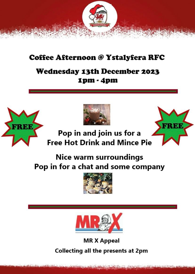 All Welcome Pop in for a chat in the warm for a free coffee and mince pie before Xmas, it’s important everyone gets the chance for some company at this time of year so we are hoping people take up our gesture.