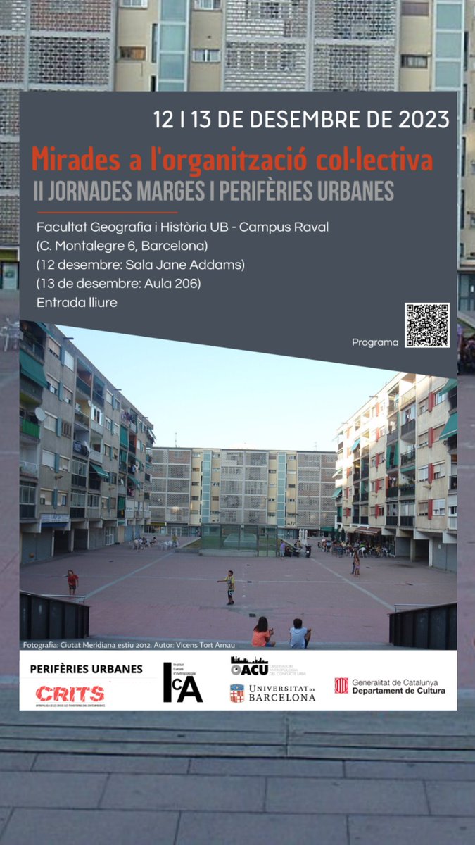 📢📢Programa de les II JORNADES MARGES I PERIFÈRIES URBANES: Mirades a l’organització col·lectiva
👉ja.cat/NzMVM
Organitza: <a href="/PerifUrb/">Perifèries Urbanes</a> <a href="/AntropologiaCat/">ICA</a>  i CRITS <a href="/UniBarcelona/">Universitat de Barcelona</a>
Col·labora: @OACU_UB
Amb el suport: <a href="/cultura_cat/">Cultura</a>
🗓️12 i 13 de desembre a la <a href="/GH_UB/">Facultat de Geografia i Història UB</a>