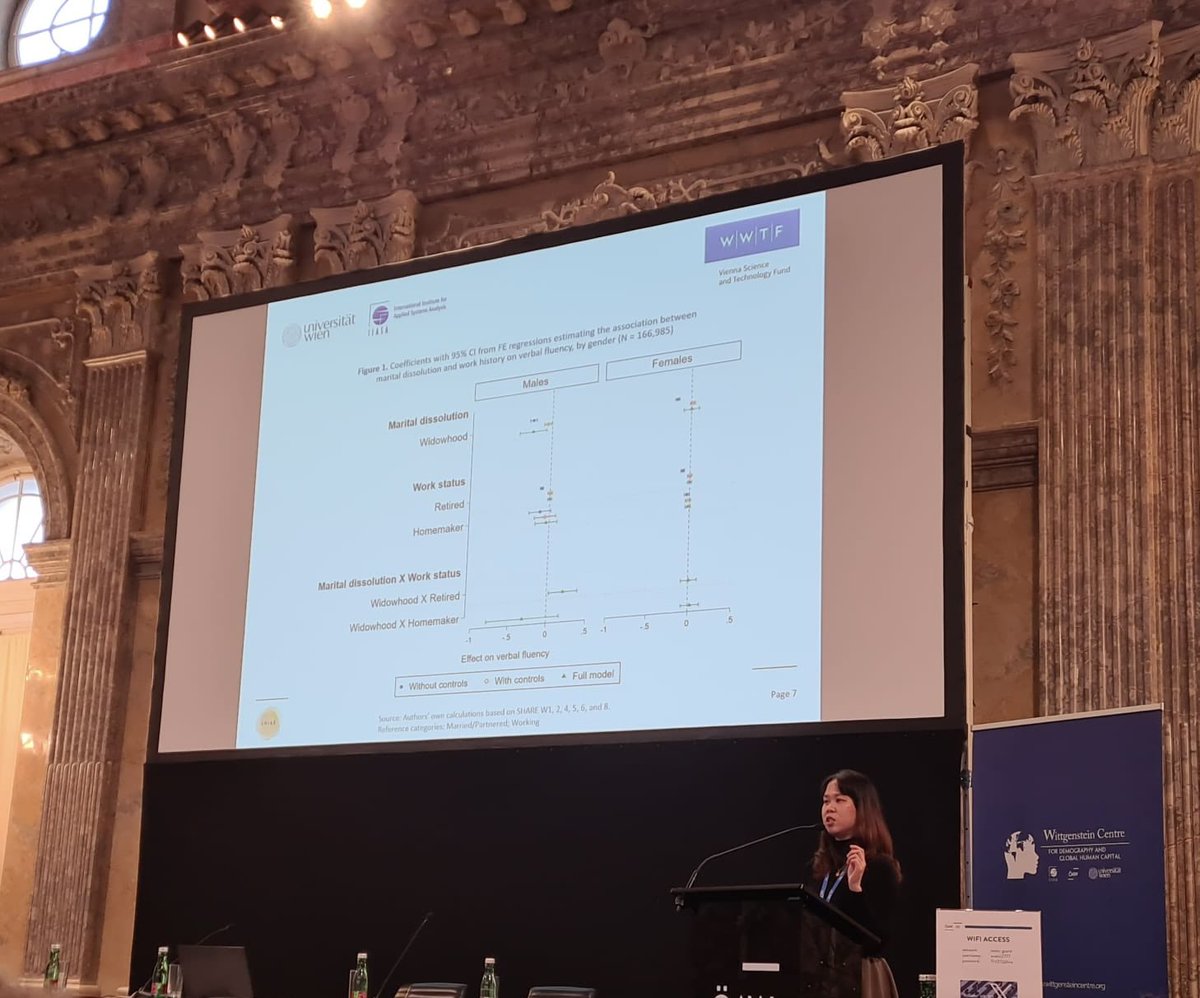 @mk_cabaraban just gave an insightful presentation at #PopHet23 about her work on the influence of gender and work history on the association between marital dissolution and late-life cognitive functioning in Europe. 👏🏼 @WiCVienna