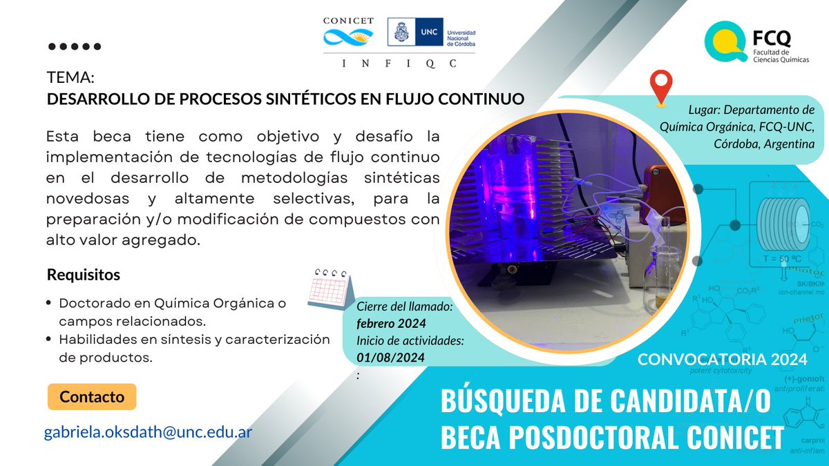 Hola! Nuestro Grupo de Investigación está invitando a la postulación de una Beca Postdoctoral. Buscamos a una persona bien calificada, altamente motivada y dinámica, dedicada al desarrollo de procesos innovadores en el área de la Química en Flujo Continuo.

Se agradece difusión!
