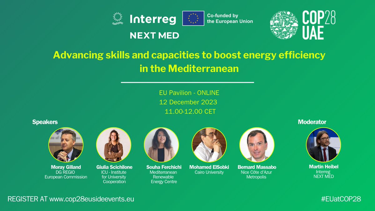 🌍 #NEXTMED at #COP28 

✅Enhancing skills and capacities for eco-friendly buildings: explore how 🇪🇺 projects drive Mediterranean collaboration towards a decarbonized, sustainable future

📅Dec 12,  11.00-12.00

📍ONLINE as part of #EUatCOP28

REGISTER NOW cop28eusideevents.eu/e/programme?se…