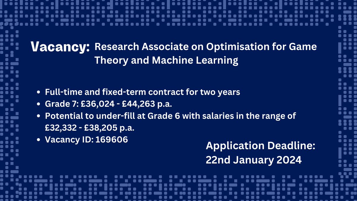 Recruiting:
We are hiring a Research Associate on Optimisation for Game Theory and Machine Learning. The successful candidate will complete academic research &amp; manage administrative activities. For details &amp; applications: my.corehr.com/pls/uoxrecruit…

#compscioxford #oxfordrecruitment