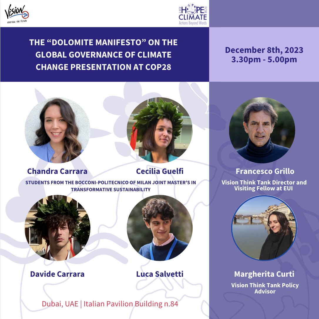 TODAY at the Italian Pavilion in Dubai, Vision Think Tank will be accompanied by students from the Master's in Transformative Sustainability to present the Dolomite Manifesto to the COP audience.
Here the link to follow the presentation: lnkd.in/dwDSx4Dj