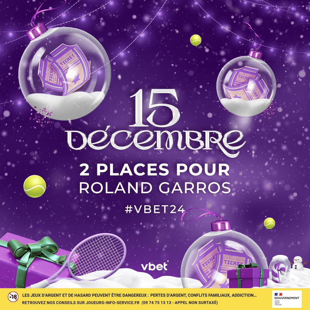 #VBET24 - J15 🎁  

2 places pour le tournoi de Roland Garros à remporter 🎾
Follow @vbet_fr + RT avec #VBET24  

🍀 TAS le 16/12