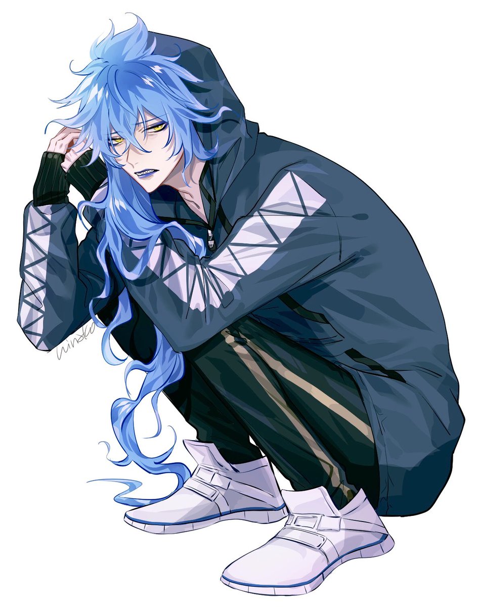 long hair 1boy male focus hood yellow eyes blue hair solo  illustration images