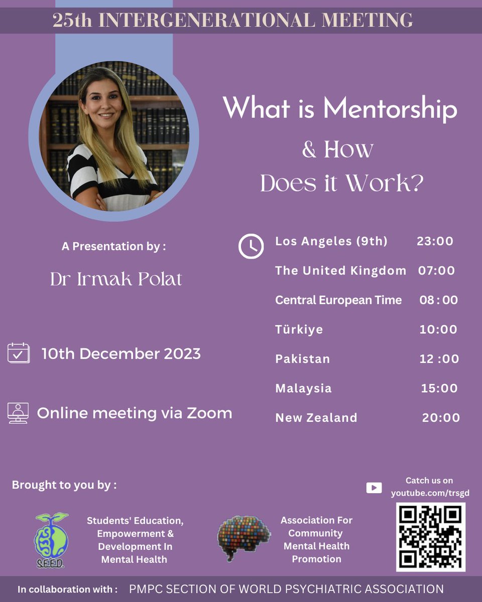 SEEDinMH's tweet photo. Our upcoming 25th Intergenerational Meeting will be about Mentorship and how it works by our esteemed guest, Dr Irmak Polat, Assistant Professor of Psychiatry at the Istanbul Faculty of Medicine.
Hope to see you there for this relatable topic!
#Psychiatry #Mentorship #HowItWorks https://t.co/DNjgkkPa8a
