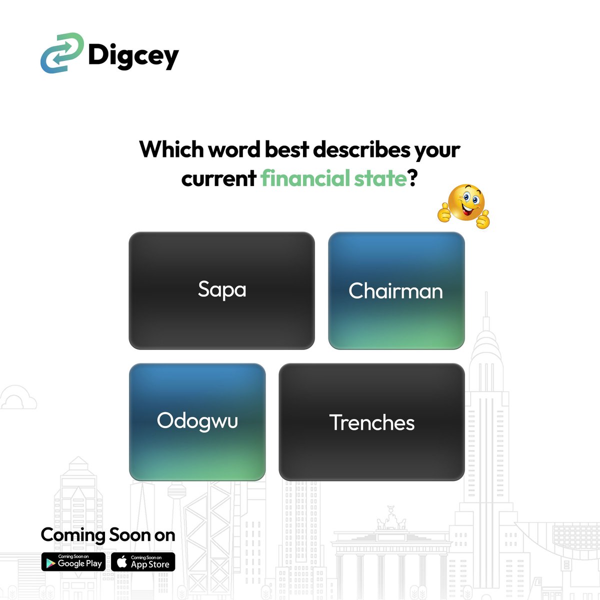 digceyapp's tweet photo. Define your finances in a word. Let's see the variety in our community! #Digcey #FinancialState https://t.co/iCEK7NzMjk