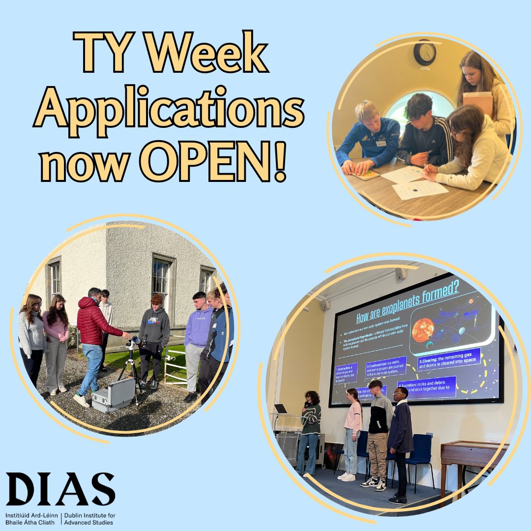 We are very excited to announce that our next transition year week will take place from the 29th of Jan - 2nd of Feb! Applications are now open and will close on the 18th of Dec at 9am. TY students can apply here: forms.gle/vCkb5hRF2vAwBL… 🚀🛰. #diasdiscovers #transitionyear