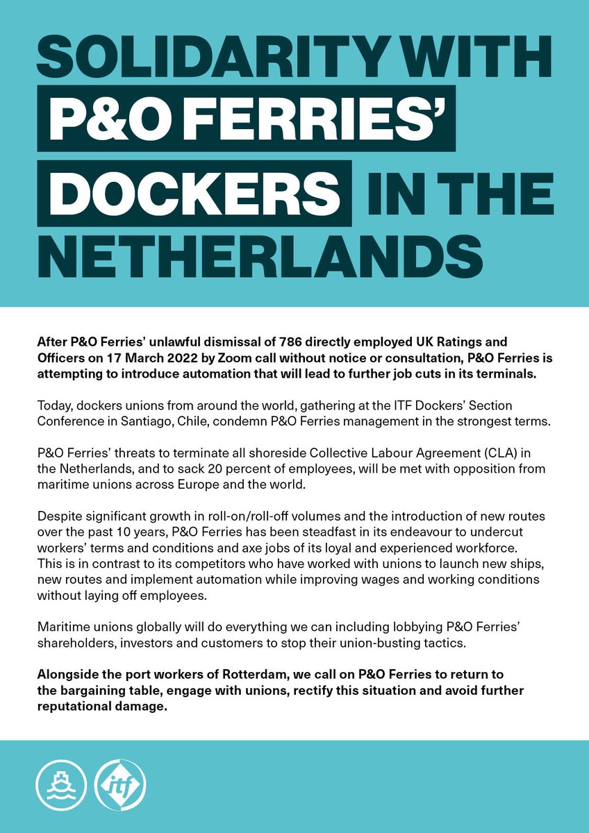 ✊SOLIDARITY: Dockers unions from around the world, gathering at the ITF Dockers’ Section Conference in Santiago 🇨🇱 have condemned <a href="/POferries/">P&O Ferries</a> attacks on Dutch dockers.

Maritime unions globally will do everything we can to 🛑stop their union-busting tactics. #WeMoveTheWorld
