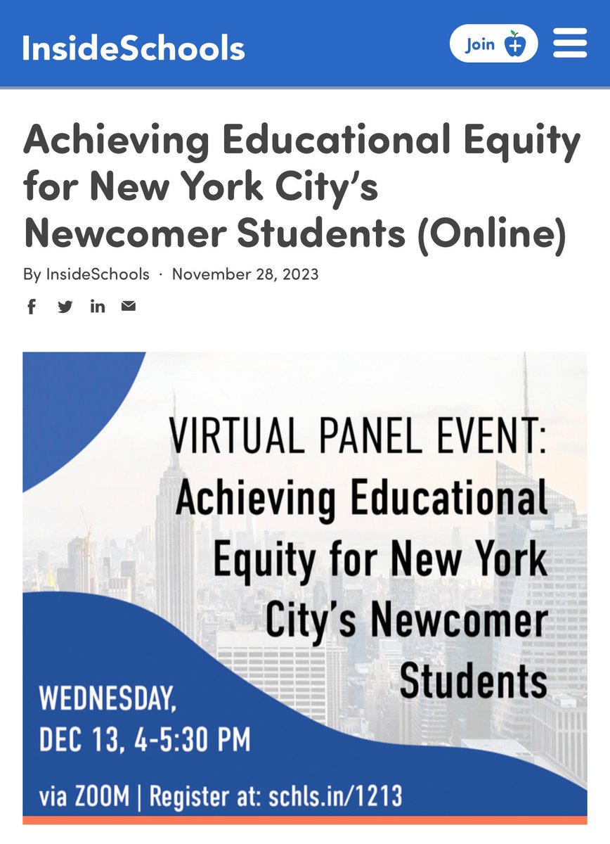 Inside Schools will host a panel discussion on Dec 13, 4-5:30pm, on NYC’s newcomer students. 
insideschools.org/news-&-views/e…