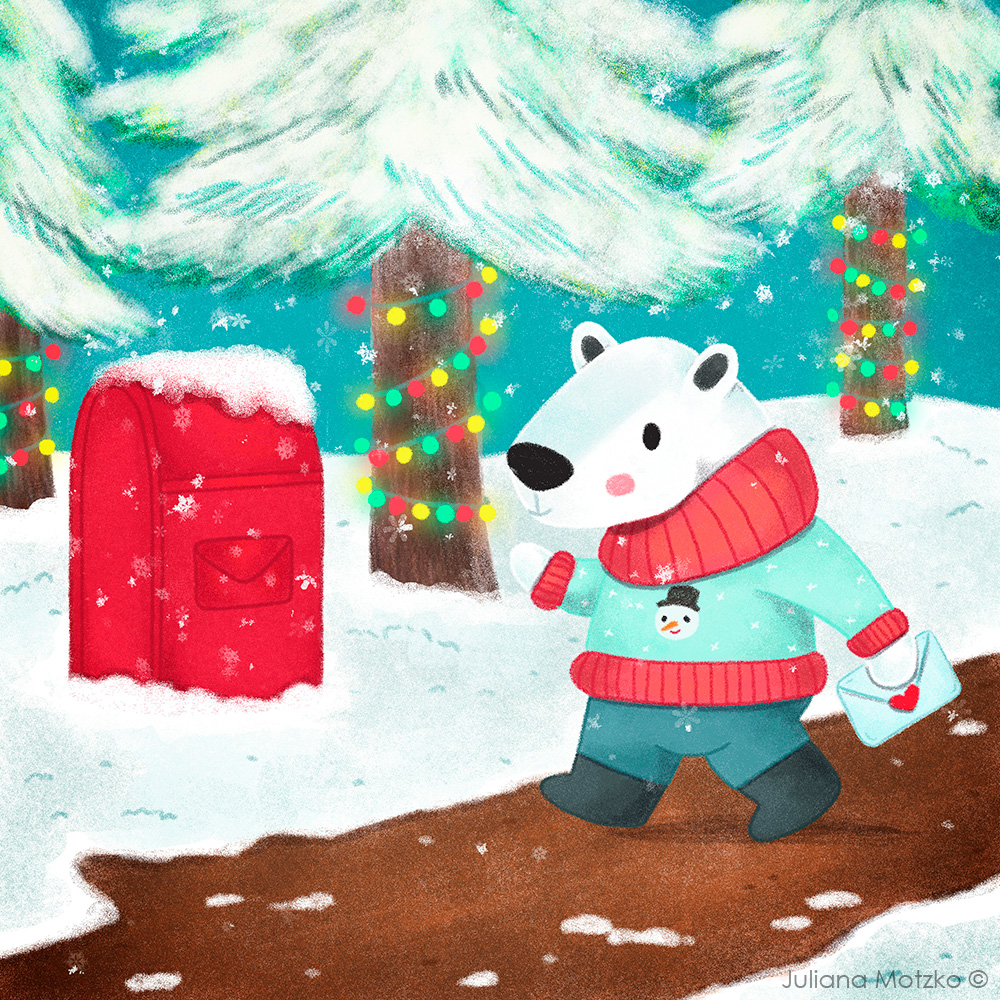 A letter for Santa!
Another illo for the fabulous #WinterEmojiArt challenge: 🐻‍❄️💌📮 !!

#polarbear #letter #winterscene #holidays #emojichallenge #emojiart #newartchallenge #artchallenge #kidlitart #kidlitartist #art #artist #illustration #illustrator #JulianaMotzko