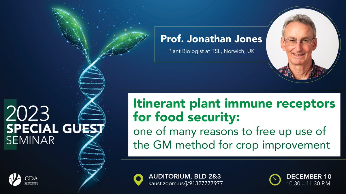 Don't miss our Special Guest Seminar! Professor Jonathan Jones from @TheSainsburyLab will discuss a recent Royal Society policy briefing, exploring the global necessity for appropriate regulation of the GM method for crop improvement. See you on Sunday at 10.30 am! @KAUST_News