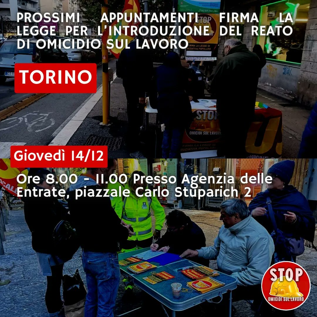 #Torino
#firma per la #legge per l'introduzione del #reato di #omicidiosullavoro 

#salute
#sicurezza 
#lavoro
#mortisullavoro
#sciopero