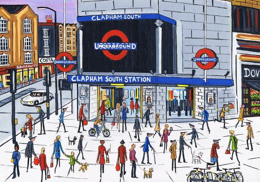 balhamnewsie's tweet photo. Clapham South is looking lovely in this artwork by South London Artist Dan - thanks for sharing! On another note, does anyone else think it must be one of the windiest tube entrances in the whole underground? 💨 https://t.co/JIImJ5uv2J