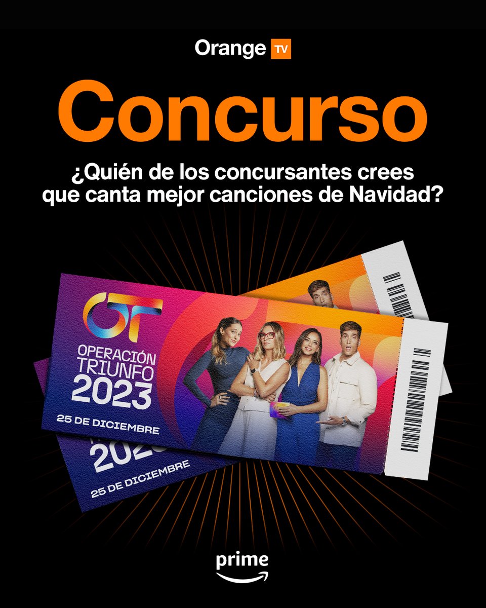 OrangeTV_es's tweet photo. ¡Concurso! 🎶 🎤 Orange te permite asistir a la Gala de Navidad de @OT_Oficial en directo 🎶🎄 

✅ Sigue: @OrangeTV_es 
🔁 Haz RT
💬 Responde: ¿Quién de los concursantes crees que canta mejor canciones de navidad? + #OT23enOrange 

BBLL: https://t.co/hU9LVvPpdY https://t.co/XvAOk8JmgQ