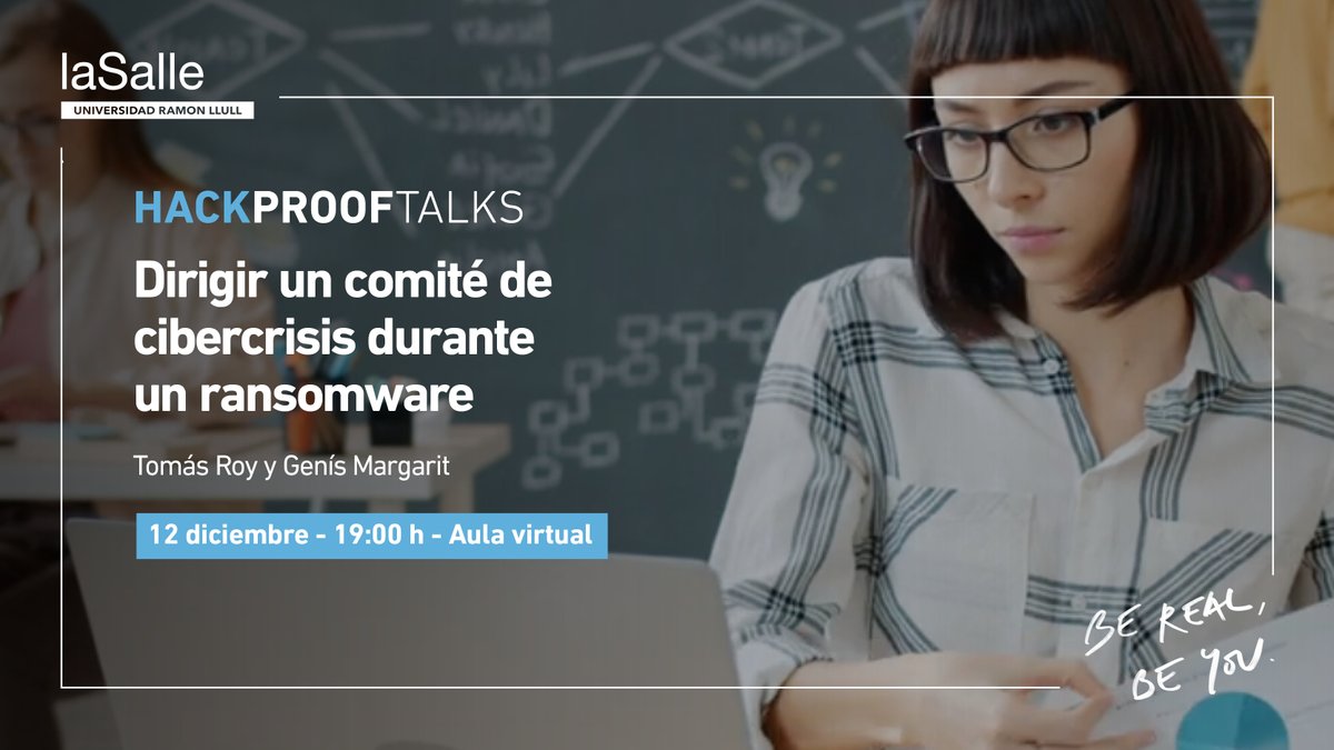 🔒 Conéctate a la segunda Hack Proof Talks sobre gestión de crisis por ataques de #ransomware, junto a <a href="/roytomas/">tomas roy</a>, director de <a href="/ciberseguracat/">Agència de Ciberseguretat de Catalunya</a> y <a href="/gmargarit/">Genís Margarit</a>, coordinador del Máster en Dirección de Ciberseguridad de La Salle-URL.
 
🗓️12/12, 19:00h
👉link.salle.url.edu/38p
