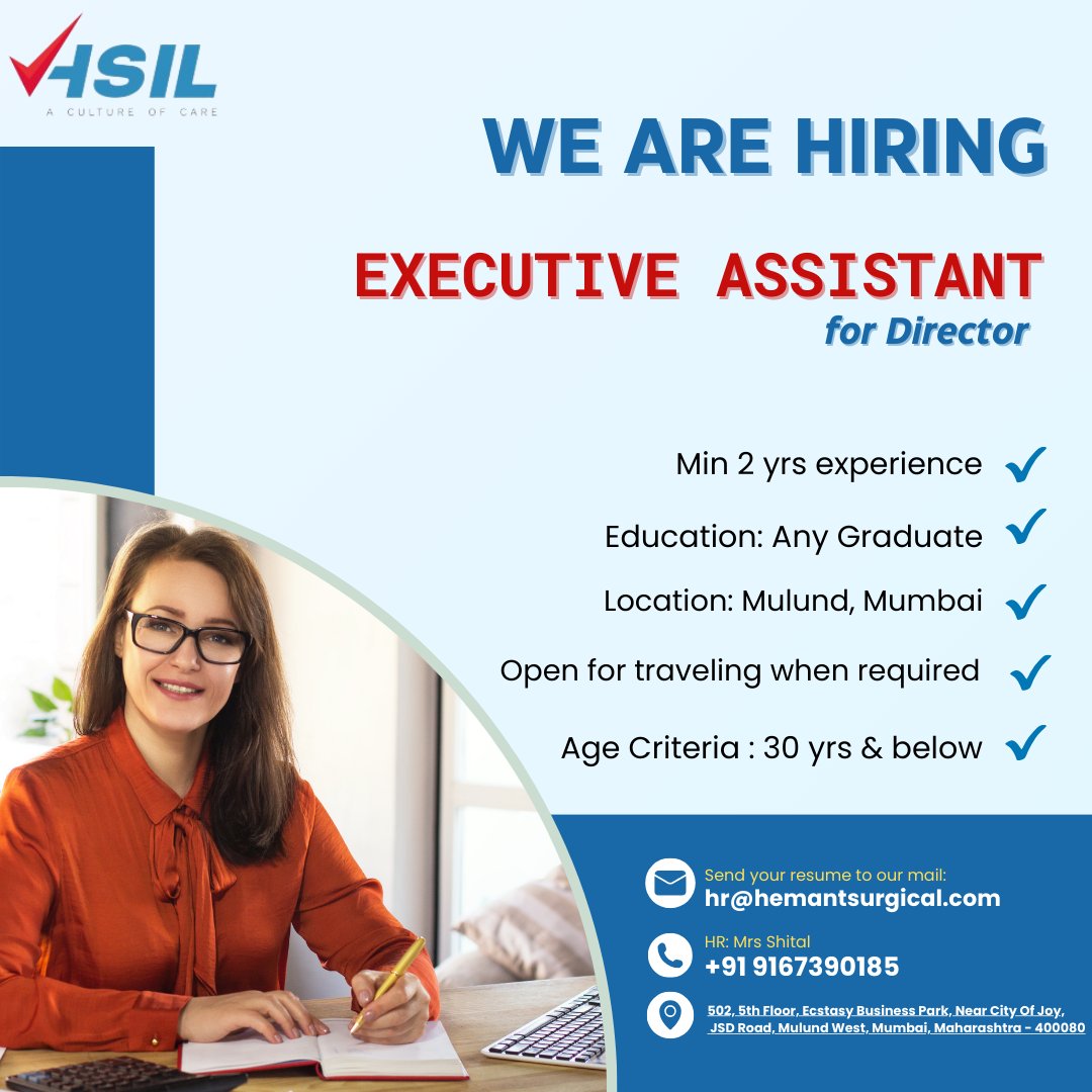 hemantsurgical's tweet photo. We are a dynamic and rapidly growing company seeking a highly organized and proactive Executive Assistant to join our team.
Contact our HR to know more.

#hsil #hemantsurgical #hiring2023 #hiring #hiringnow #vacancy #jobalerts #executiveassistant #assistant https://t.co/MeL0n60N8s