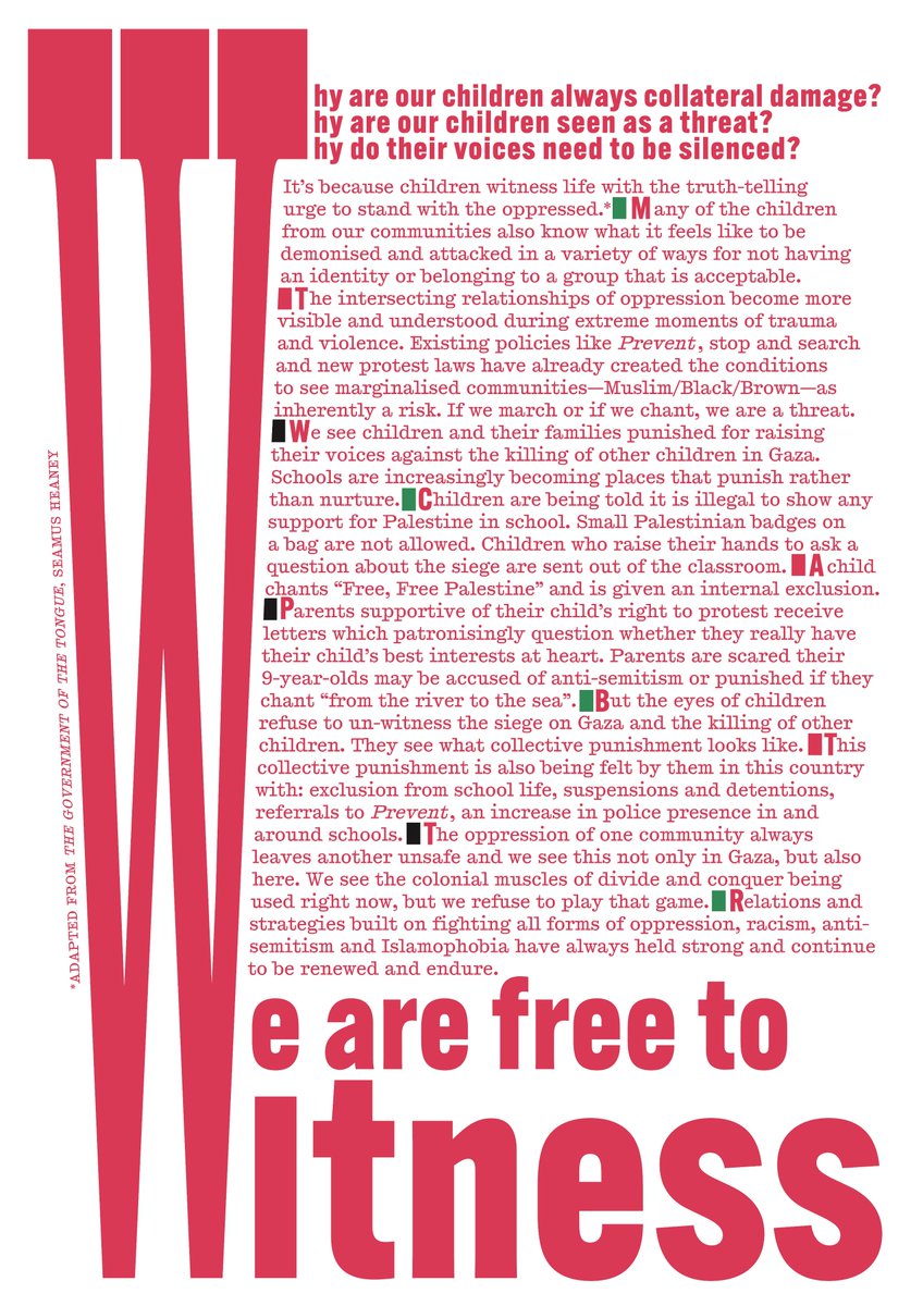 We see children and their families policed and censored for raising their voices against the mass killing in Gaza

This call to action is a refusal to un-witness collective punishment in Gaza or here in our schools and streets

✍️ SIGN THE LETTER HERE: forms.gle/5SM6VZWU1TWv7F…