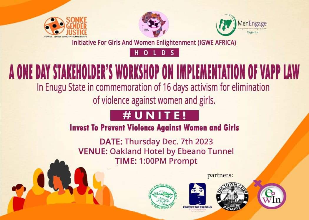 This afternoon @MenNigeria Southeast Zone through @IGWE_Africa in collaboration with @TownCrierAfrica @SIRPNig @EquityWatch in Commemoration of the 2023 #16DaysOfActivismAgainstGBV conduct a One Day Stakeholders Workshop on the implementation of the VAPP Laws in the Enugwu State