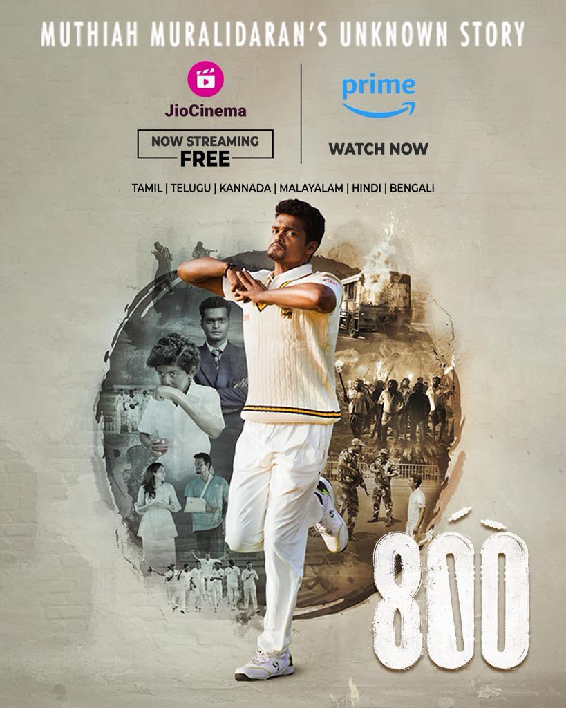 Experience the remarkable life story “800” Now available for streaming on Amazon Prime worldwide and Jio in India. Dive into the journey of resilience and determination. Don’t miss this incredible portrayal! #800Movie #MuthiahMuralidaran #AmazonPrime #Jio