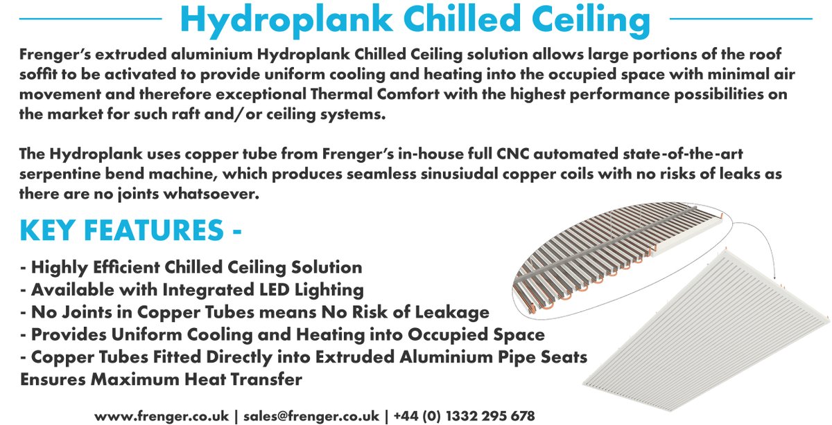 Frenger's extruded Hydroplank™ #ChilledCeiling solutions allow large portions of the roof soffit to be activated to provide uniform cooling and heating in the occupied space.

Learn more👉frenger.co.uk/products/chill…

#ThermalComfort #HVAC #ChilledCeilingSystem