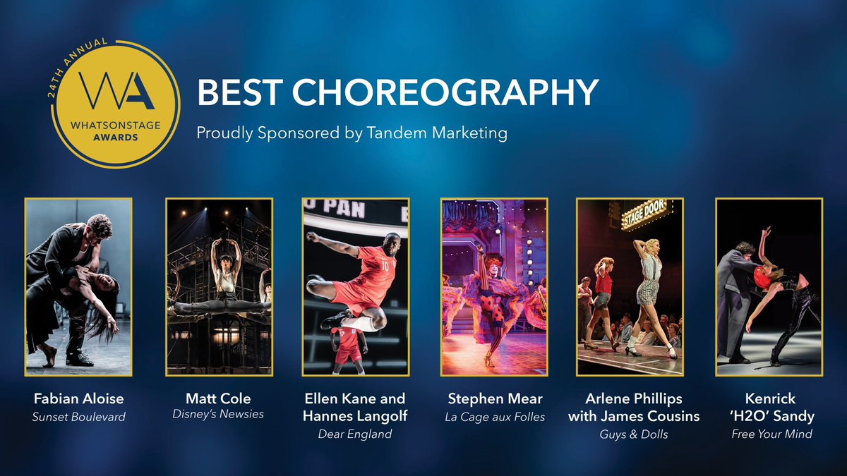 WhatsOnStage's tweet image. The #WOSAwards nominees for Best Choreography are...

▪️ Fabian Aloise for Sunset Boulevard
▪️ Matt Cole for Disney's Newsies
▪️ Ellen Kane and Hannes Langolf for Dear England
▪️ Stephen Mear for La Cage aux Folles
▪️ Arlene Phillips with James Cousins for Guys &amp;amp; Dolls
▪️ Kenrick…
