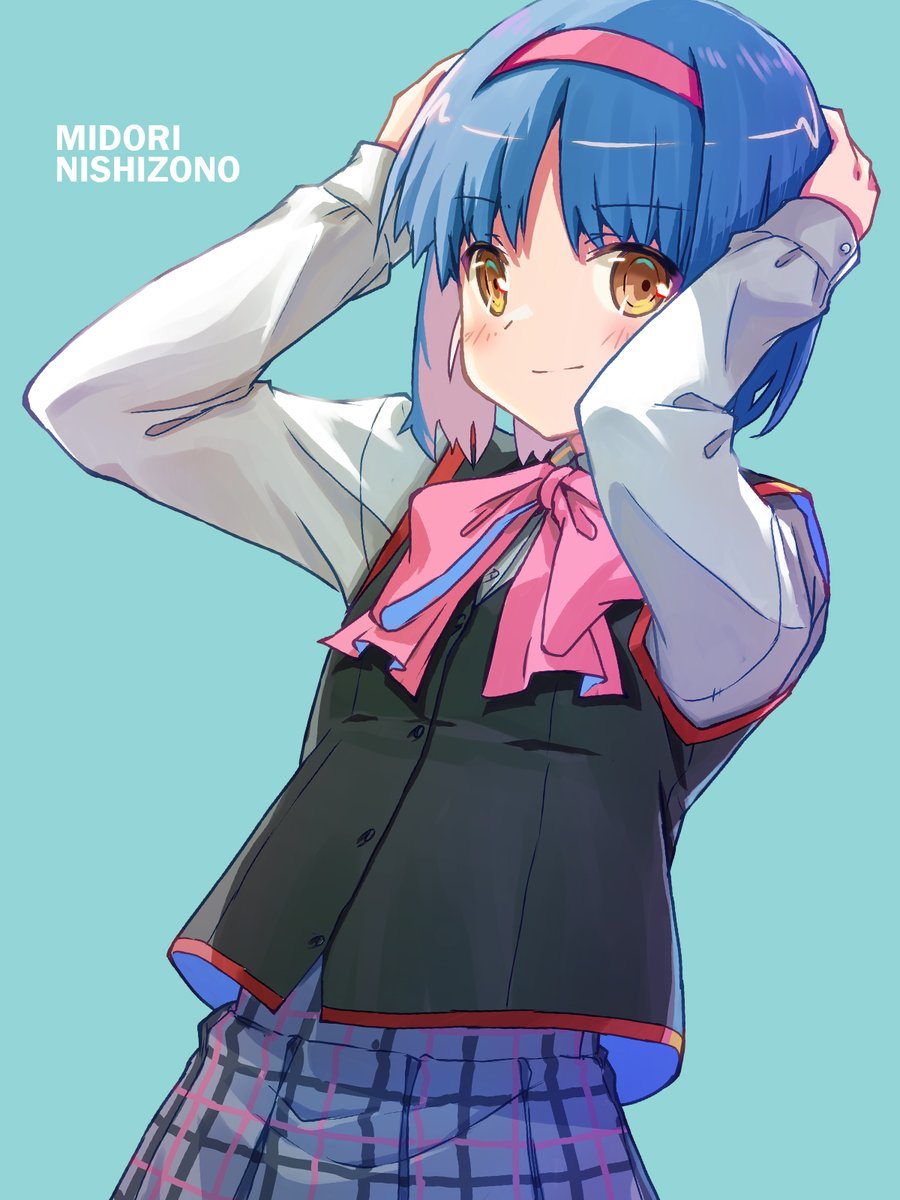 1girl solo skirt blue hair school uniform hairband short hair  illustration images