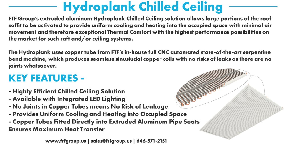 FTF Group's extruded Hydroplank™ #ChilledCeiling solutions allow large portions of the roof soffit to be activated to provide uniform cooling and heating in the occupied space.

Learn more👉ftfgroup.us/products/chill…

#ThermalComfort #HVAC #ChilledCeilingSystem
