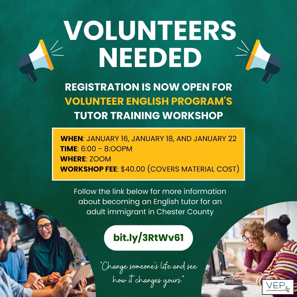 VolunteerEng's tweet photo. VEP is proud to announce that our highly successful, VIRTUAL Tutor Training Workshop format is continuing through 2024. 

Be more involved in your community this year, consider being a one-to-one English language tutor with the Volunteer English Program.

https://t.co/45arOpljD9 https://t.co/mbPxXcoOpi