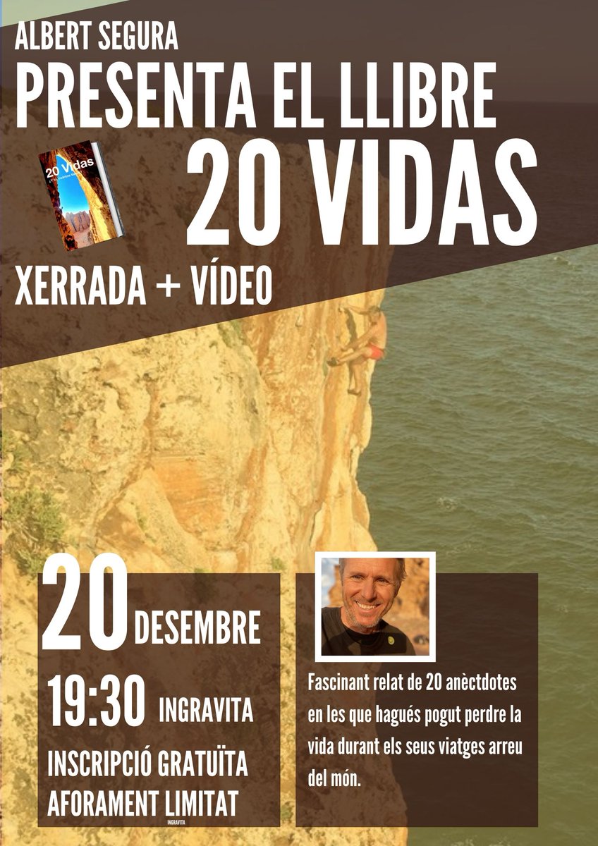 Aquest desembre no parem!
Pel dia 20 a les 19:30 Presentació de llibre.
@albert_segura_climbing presenta el llibre 20 vidas.
Obert a tothom però amb inscripció prèvia ja que l'aforament és limitat.