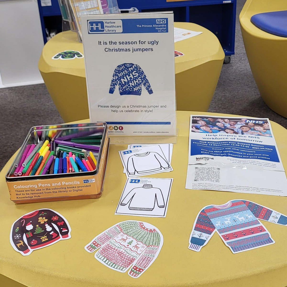 It's #christmasjumperday & time to get festive with your knitwear - even Alex joined in! If you have come to work in your normal clothes though, do not worry! You can join in by designing a jumper on the cut outs in the Digital Knowledge Hub! #PAHTPeople @NHSHarlow