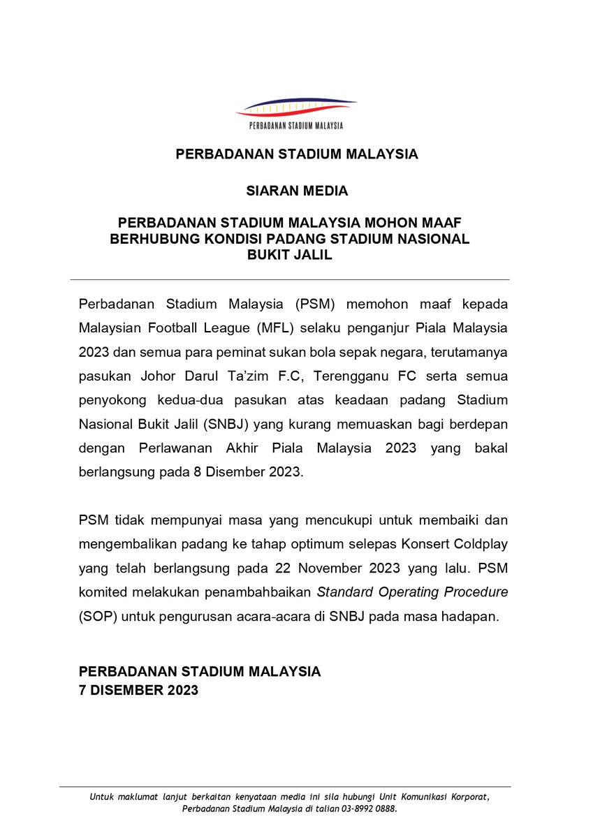 SIARAN MEDIA: PERBADANAN STADIUM MALAYSIA MOHON MAAF BERHUBUNG KONDISI PADANG STADIUM NASIONAL 
BUKIT JALIL

#PSM #KLSC25