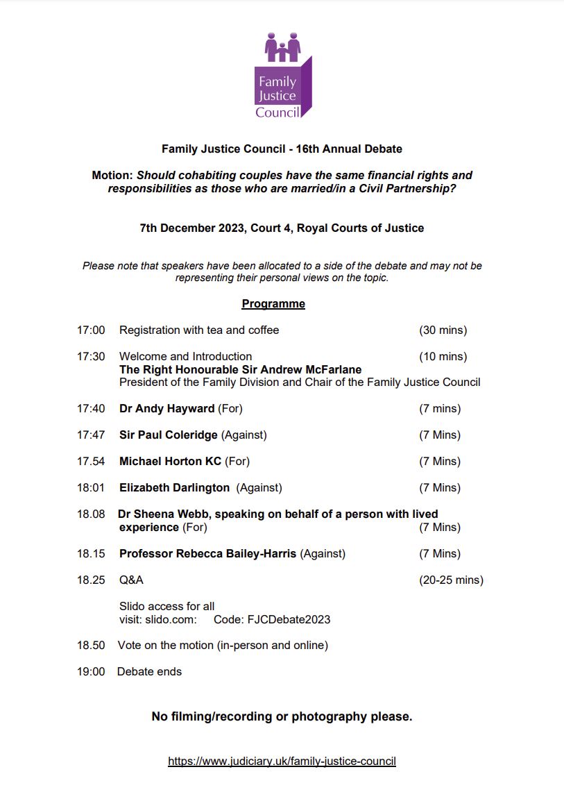 Rebecca Bailey-Harris joins a fantastic panel for the 16th annual Family Justice Council debate this evening.

Tell us whether you think cohabiting couples should have the same financial rights and responsibilities as those who are married/in a Civil Partnership.