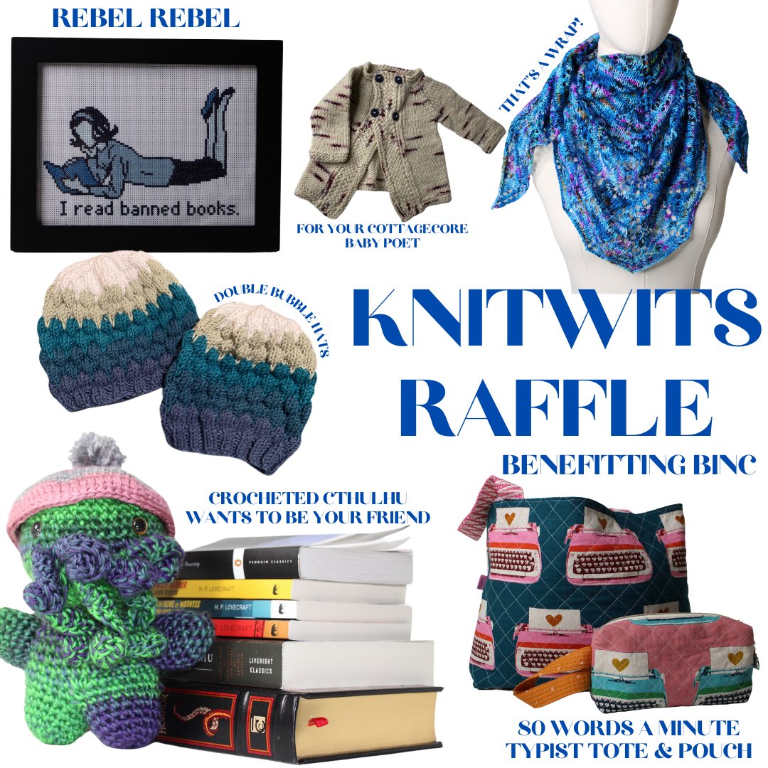 We got 12 book industry pros with fiber arts tendencies to donate handmade items to our KnitWits Raffle benefitting @BincFoundation. Raffle tickets are on sale through 12/12 here: tinyurl.com/KnitWits2023 (I’ll fight you for the Cthulhu)