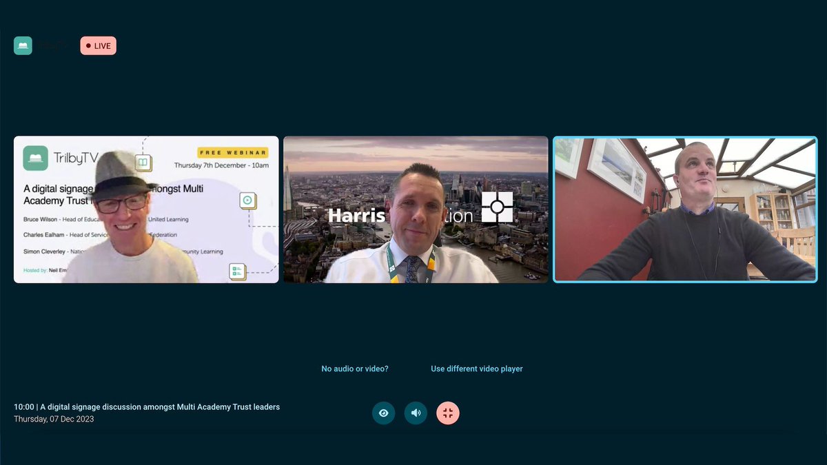 Thank you to Bruce &amp; Charles for joining us for our 'A digital signage discussion amongst Multi Academy Trust leaders' #Webinar. It was great to discuss what opportunities digital signage offers to schools/groups of schools &amp; to hear about their #DigitalSignage journeys so far 🤩