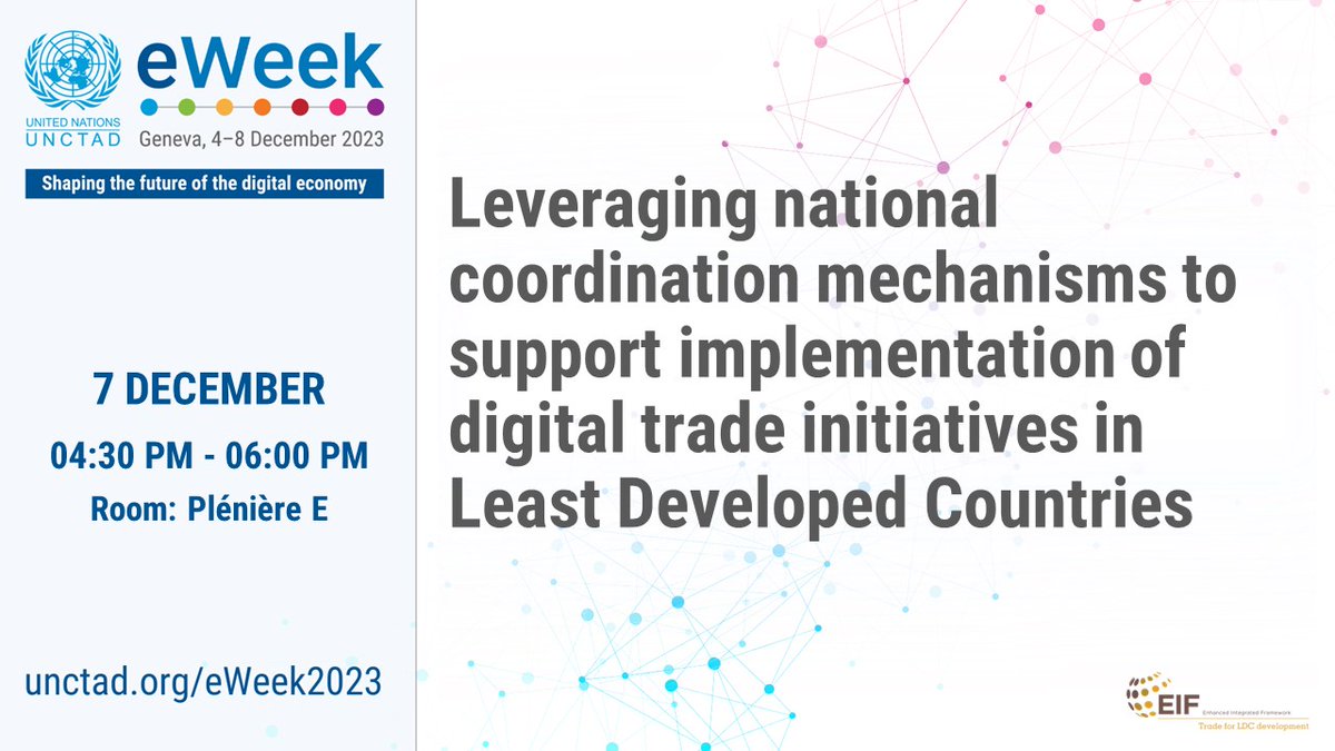 Interested in how LDCs are implementing digital trade initiatives?

Join the @EIF4LDCs-@UNDP-@UPU_UN session for insights from partner agencies on successful eCommerce projects, utilizing existing structures for enhanced impact in LDCs.

#UNCTADeWeek: unctad.org/eweek2023