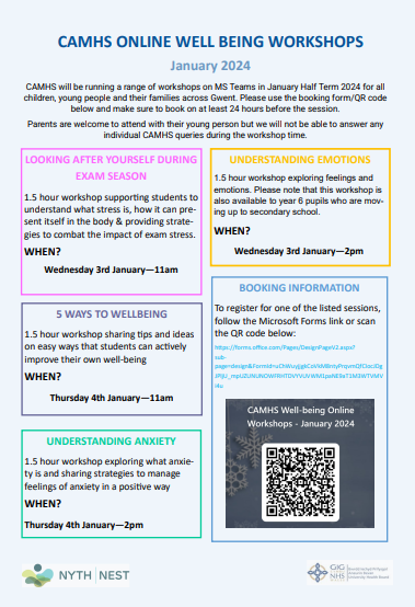 BassalegPC's tweet photo. CAMHS will be running a range of workshops on MS Teams in January Half Term 2024 for all children, young people and their families across Gwent. Use the booking form/QR code on the attached poster and make sure to book on at least 24 hrs before the session #Believingandbelonging https://t.co/ynFkkQ90Vf