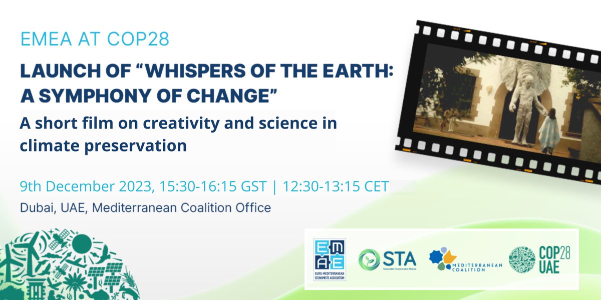 Euro-Mediterranean Economists Association - EMEA (@emeaorg) on Twitter photo .<a href="/EMEAorg/">Euro-Mediterranean Economists Association - EMEA</a> at #COP28 : Launch of “Whispers of the Earth: A symphony of change” – a short film on creativity and science in climate preservation
9th December, 15:30-16:15 GST
<a href="/COP28_UAE/">COP28 UAE</a>, #MediterraneanCoalitionModerator:
Presented by Prof <a href="/rym_ayadi/">Rym Ayadi</a>
euromed-economists.org/event/emea-at-… .<a href="/EMEAorg/">Euro-Mediterranean Economists Association - EMEA</a> at #COP28 : Launch of “Whispers of the Earth: A symphony of change” – a short film on creativity and science in climate preservation
9th December, 15:30-16:15 GST
<a href="/COP28_UAE/">COP28 UAE</a>, #MediterraneanCoalitionModerator:
Presented by Prof <a href="/rym_ayadi/">Rym Ayadi</a>
euromed-economists.org/event/emea-at-…