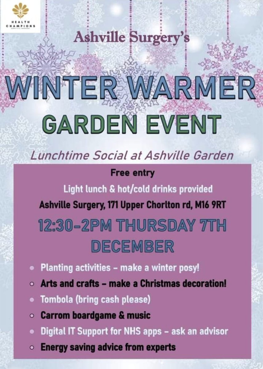 I am at Ashville Surgery today to support the Practice Health Champions at their Winter Warmer event. There will be FREE hot food, arts and crafts, digital support for NHS app, and advice on energy saving and keeping warm this winter #collaborativepractice @cwrfint @mcrlco