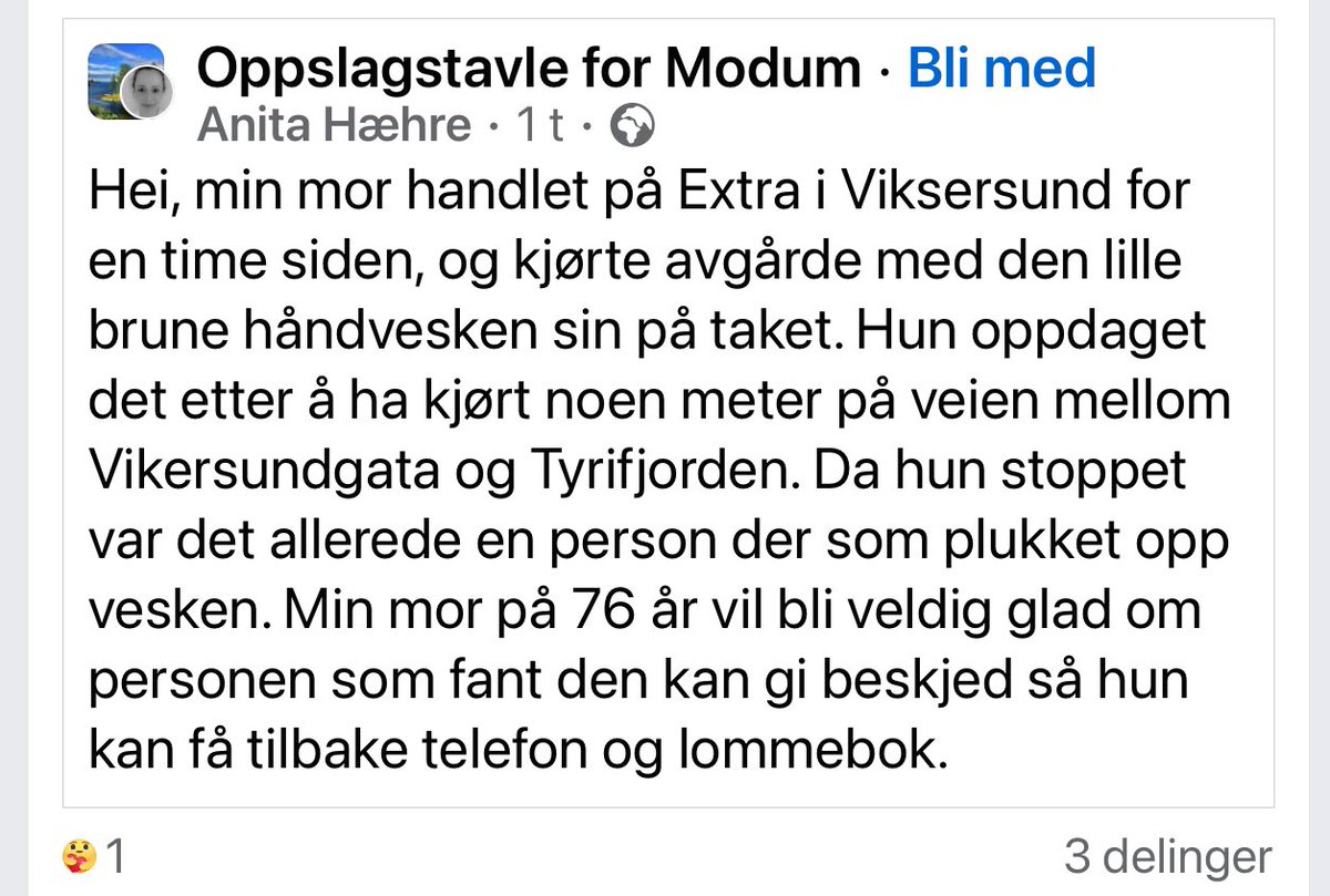 AnjaLindtner's tweet image. #Modum #Vikersund - håndveske til eldre dame på avveie, noen som har sett noe eller vet noe?