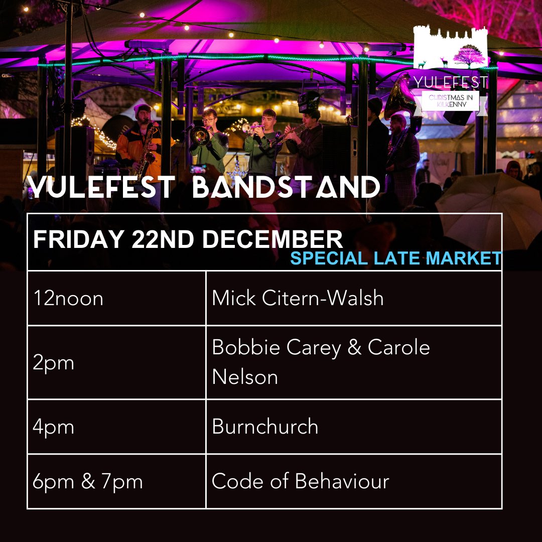 CodeOfBehaviour's tweet image. Kilkenny! It’s been ages since we’ve popped down to say hello 🙌

We’ll be playing at the @YulefestK Bandstand on the parade on Friday 22nd December. Come and have a festive boogie with us 🎄

Merry COBmas 🎅