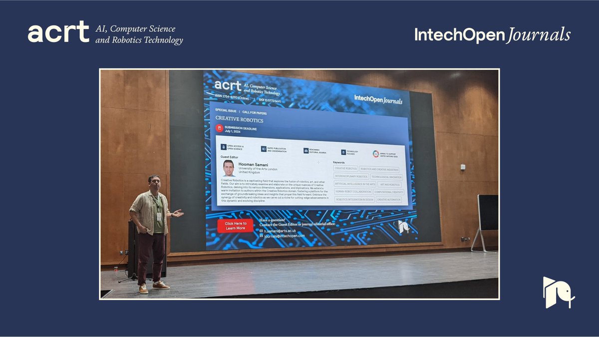 IntechOpen (@intechopen) on Twitter photo #ACRT Guest Editor Dr. Hooman Samani <a href="/hoomansamani/">Hooman Samani</a> (<a href="/UAL/">University of the Arts London</a>) is busy soaking in knowledge at the 15th International Conference on Social Robotics. This December is buzzing with activity for Dr. Samani, who has recently launched a #SpecialIssue on #CreativeRobotics. #StayTuned to #ACRT Guest Editor Dr. Hooman Samani <a href="/hoomansamani/">Hooman Samani</a> (<a href="/UAL/">University of the Arts London</a>) is busy soaking in knowledge at the 15th International Conference on Social Robotics. This December is buzzing with activity for Dr. Samani, who has recently launched a #SpecialIssue on #CreativeRobotics. #StayTuned to